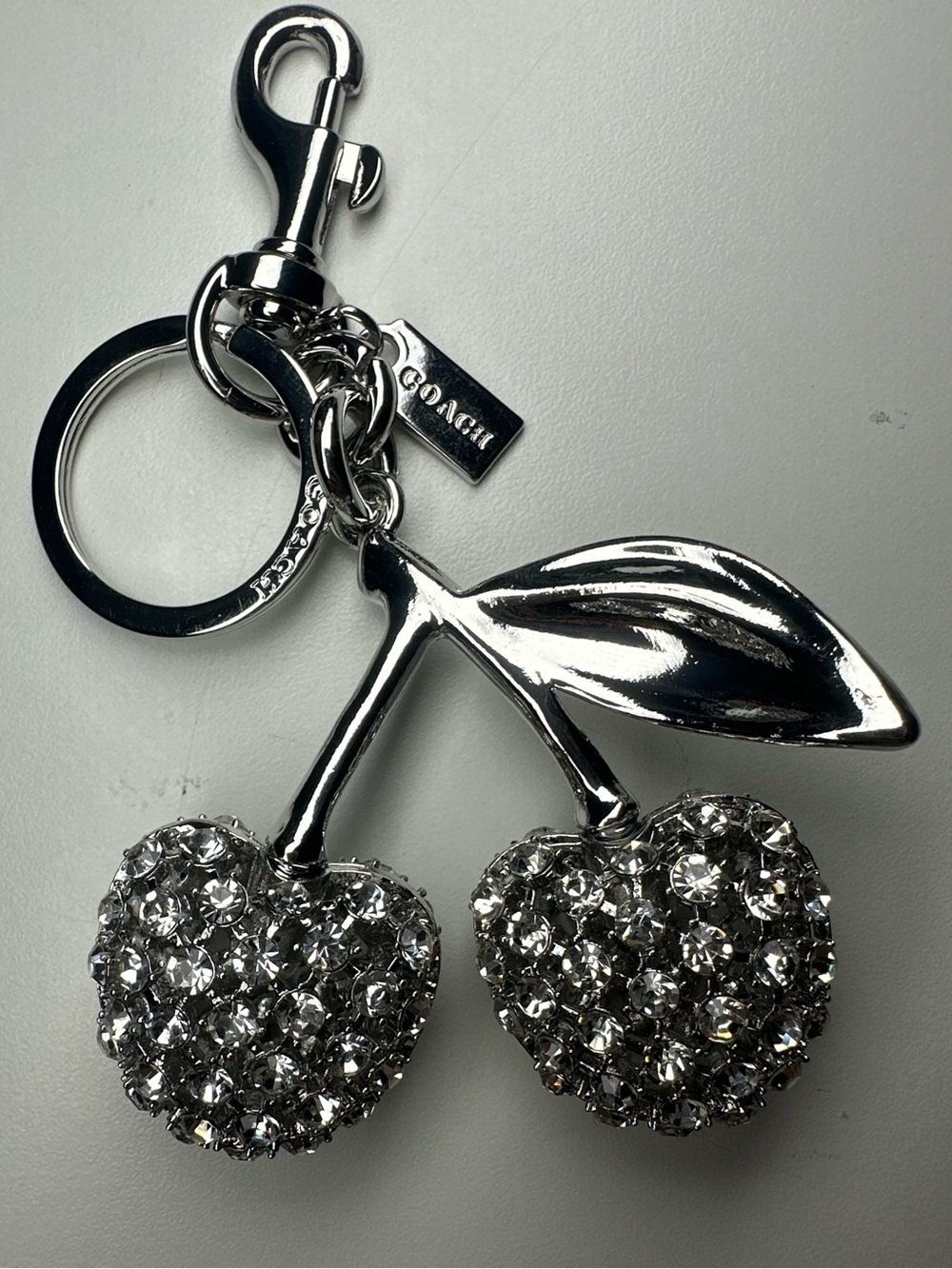 Coach Crystal Cherry Bag Charm Silver Clear Pave Keychain Key Ring Dogleash Clip